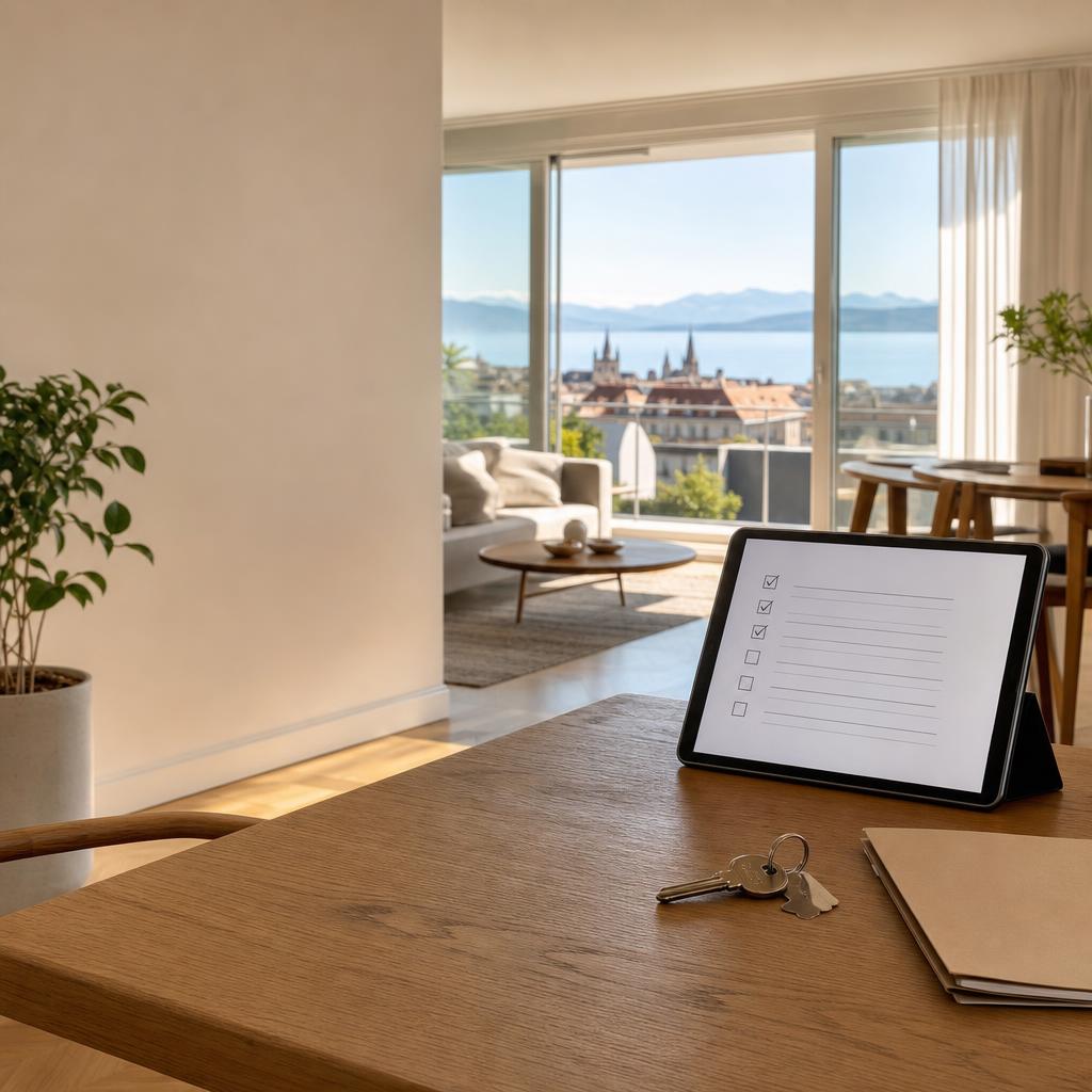 Tablette affichant une checklist d'état des lieux dans un appartement lumineux